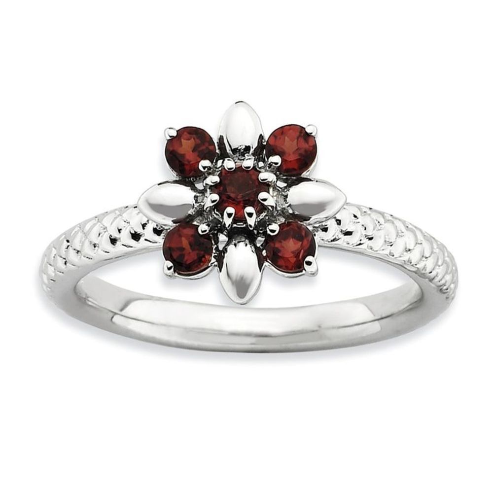 Sterling Silver & Garnet Stackable 5 Round Stone Flower Ring, Size 5
